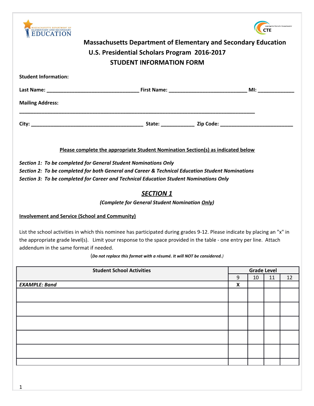 Presidential Scholars Program - Student Information Form