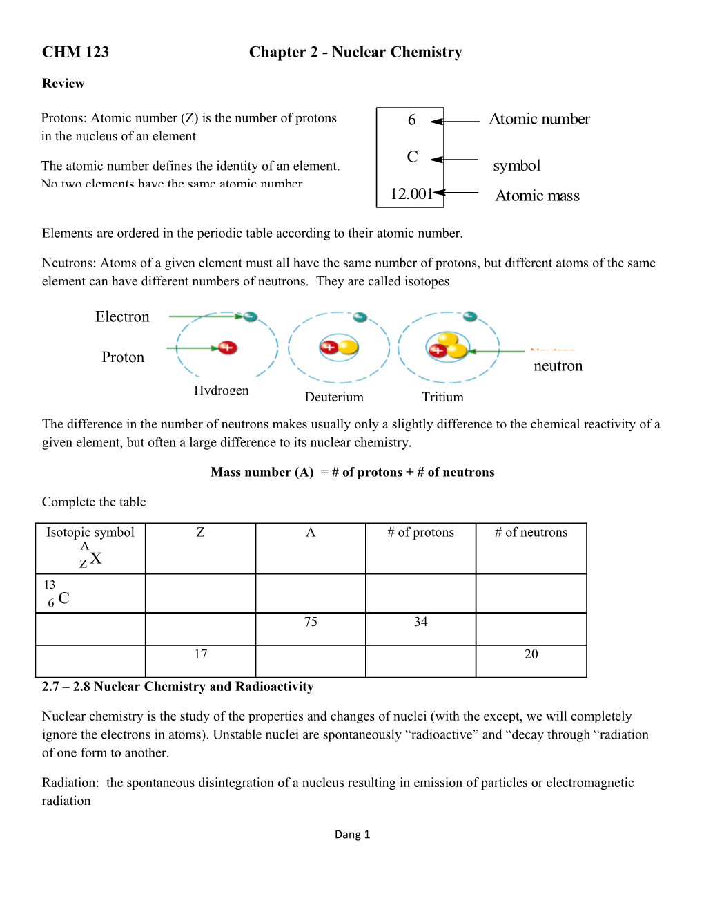 CHM 123 Chapter 2 - Nuclear Chemistry
