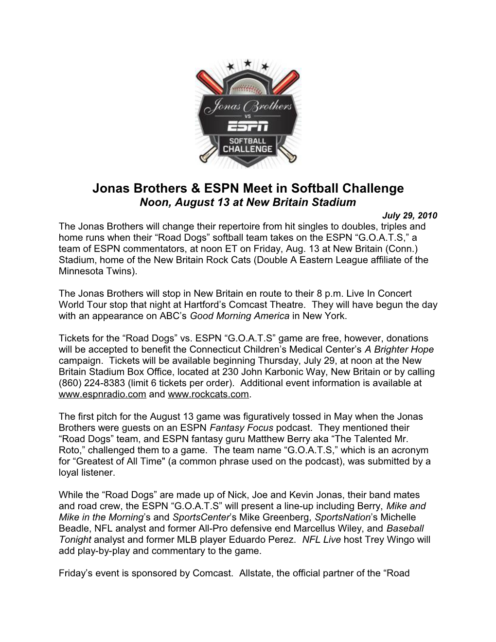 Jonas Brothers & ESPN Meet in Softball Challenge Noon, August 13 at New Britain Stadium