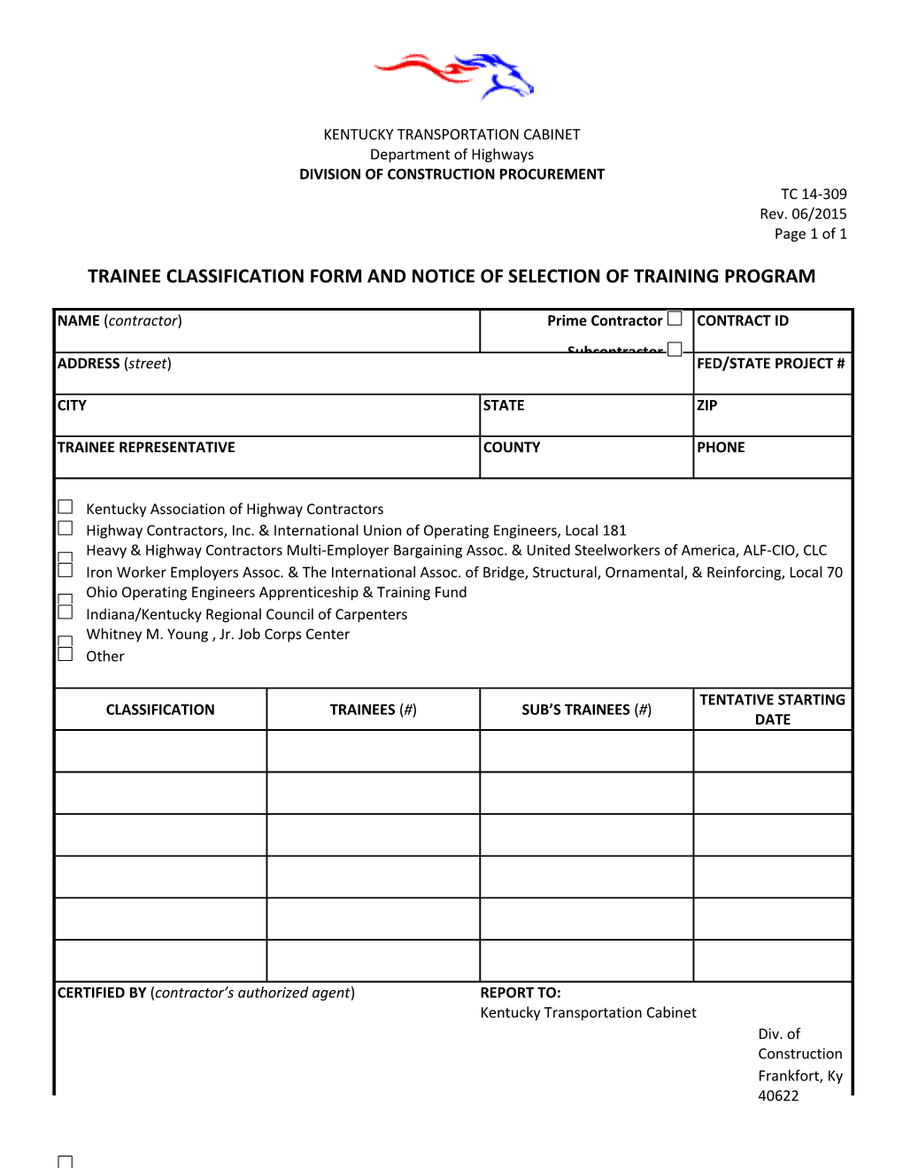 Trainee Classification Form and Notice of Selection of Training Program