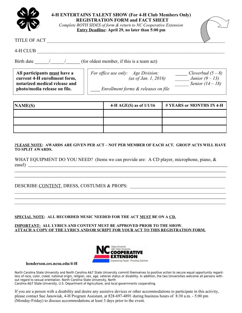 4-H Entertains Registration Form and Fact Sheet
