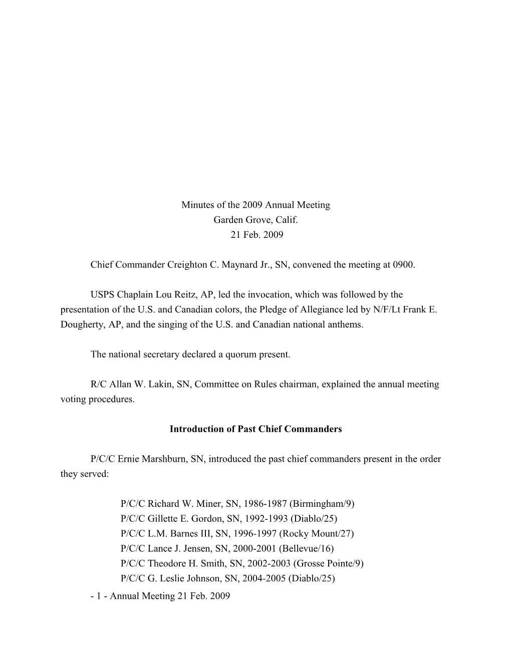 Minutes of the 2009 Annual Meeting