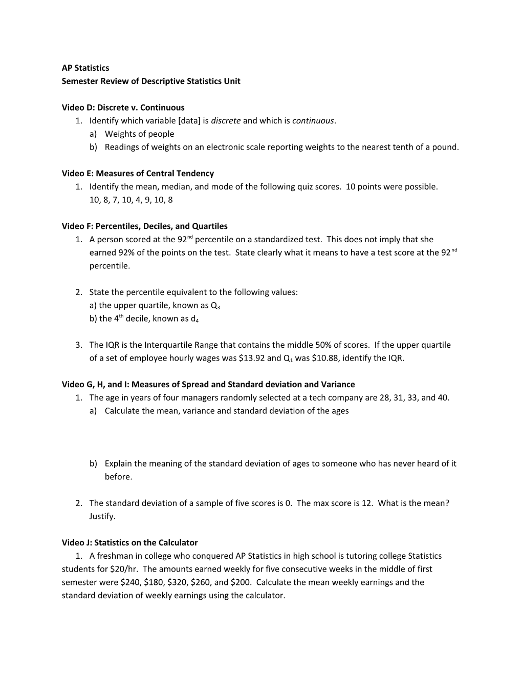 Semester Review of Descriptive Statistics Unit