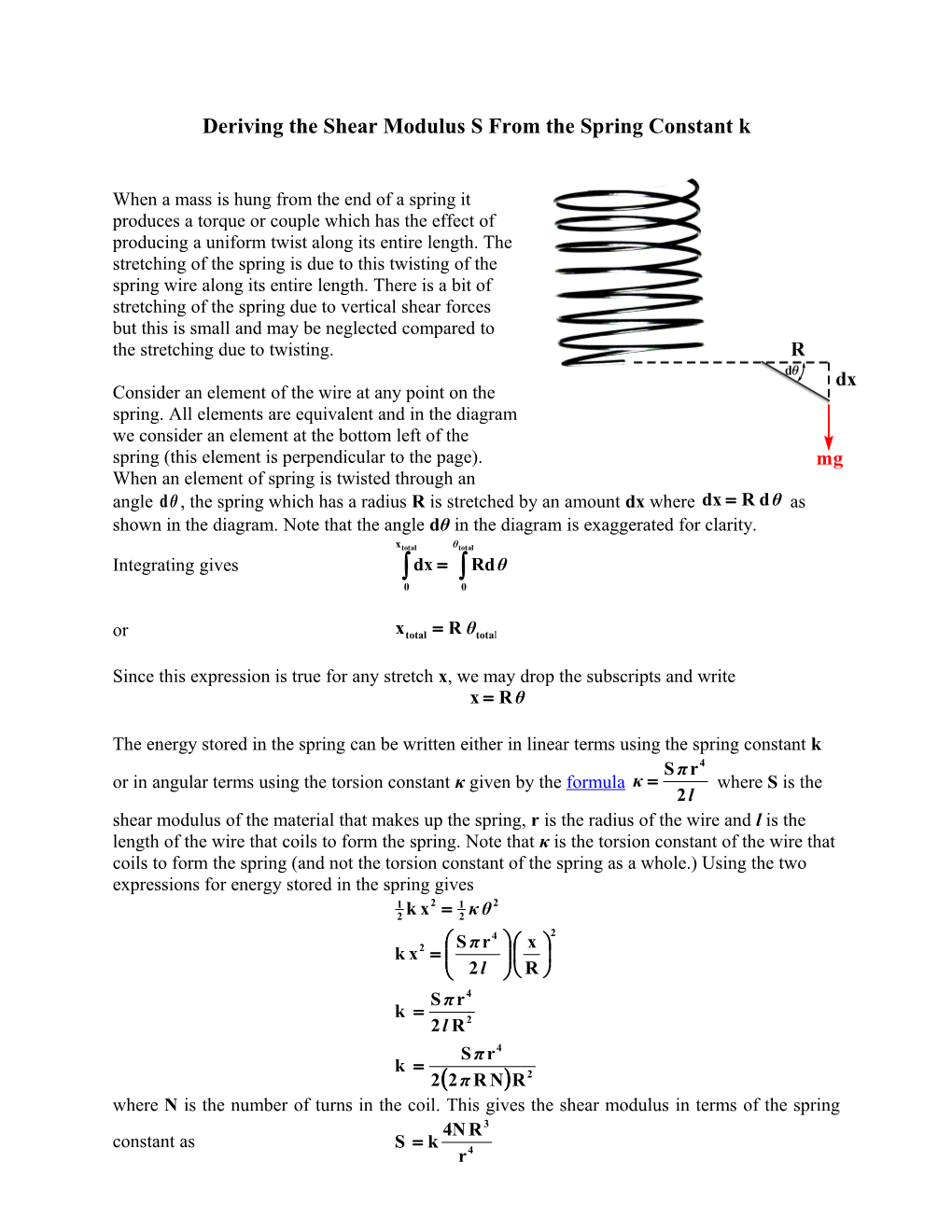 Deriving the Shear Modulus S from the Spring Constant K