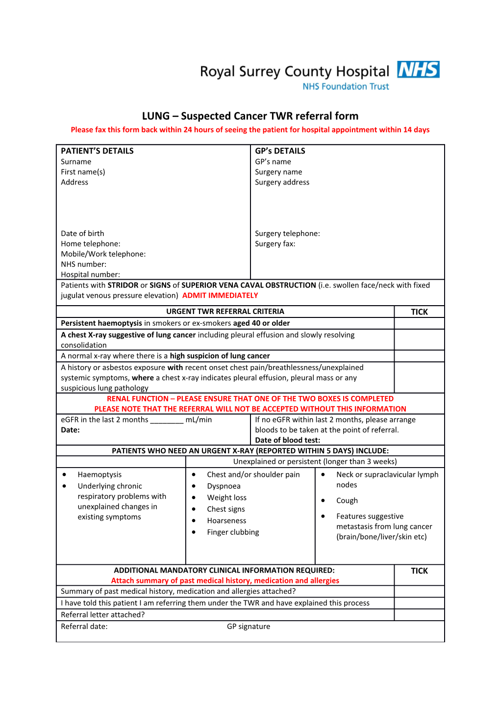 LUNG Suspected Cancer TWR Referral Form Please Fax This Form Back Within 24 Hours of Seeing