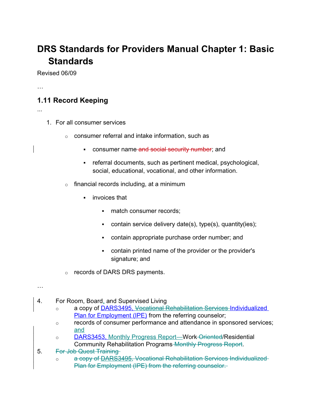 DRS Standards for Providers Chapter 1 Revisions - June 2009