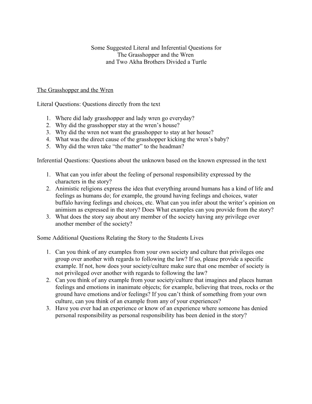 Some Suggested Literal, Inferential, and Evaluative Questions For