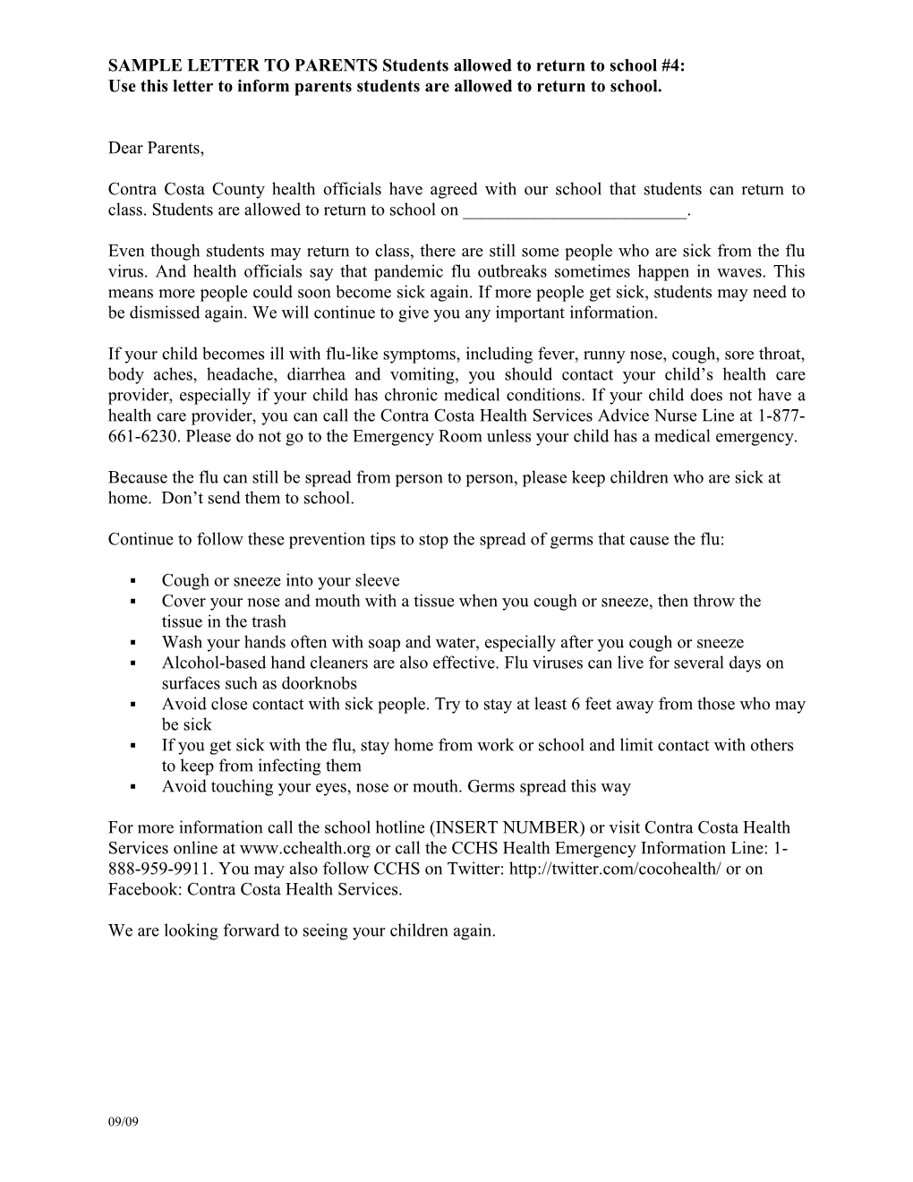 SAMPLE LETTER to PARENTS Students Allowed to Return to School #4