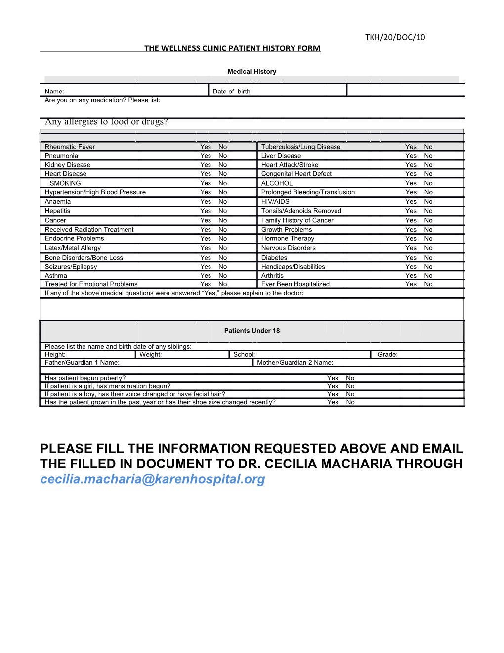 The Wellness Clinic Patient History Form