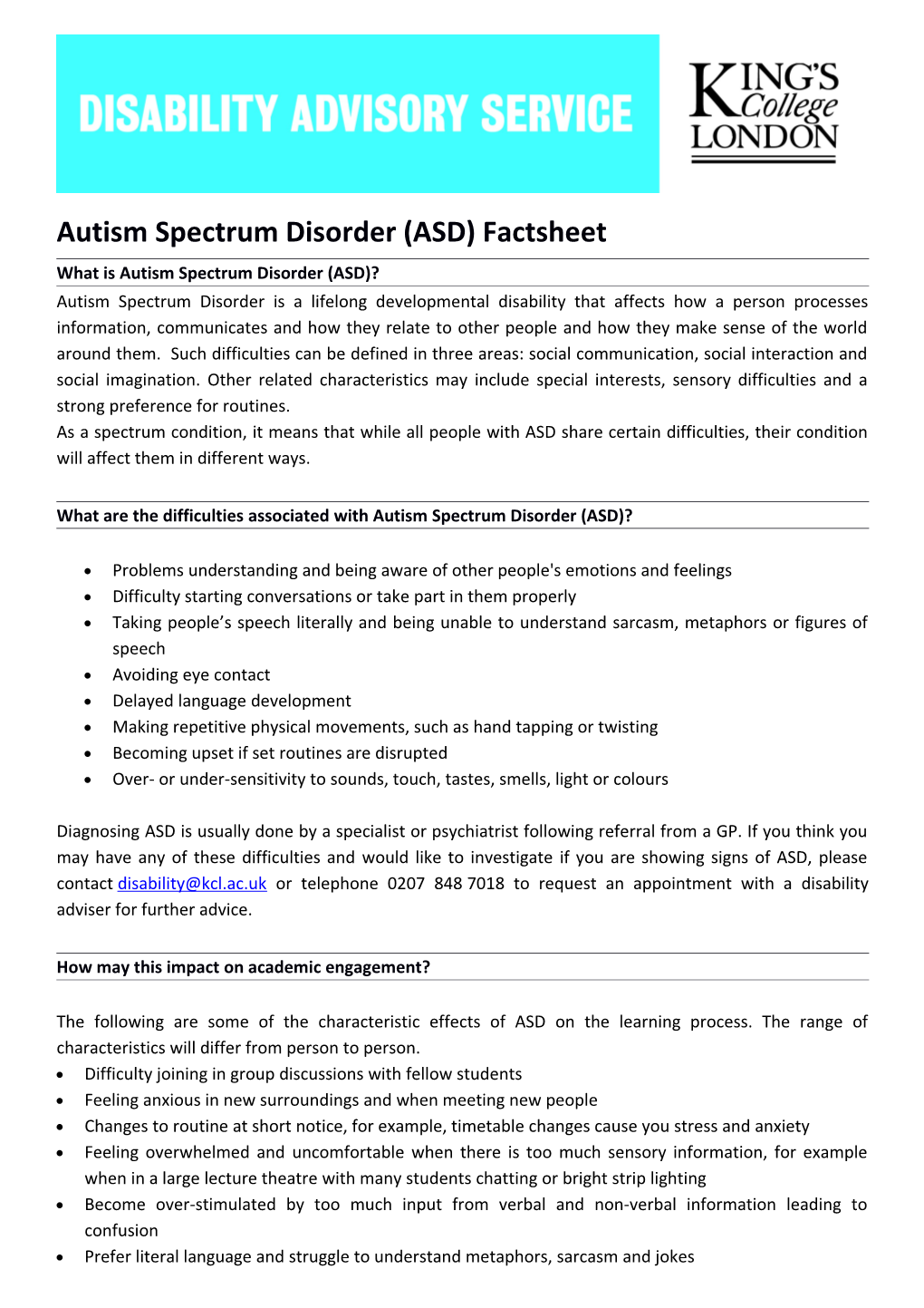 Autism Spectrum Disorder (ASD) Factsheet