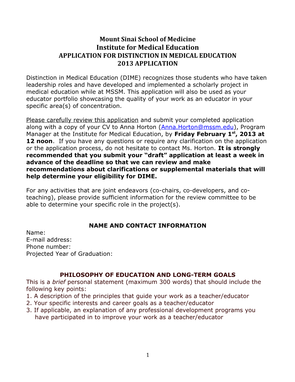 Application for Distinction in Medical Education (Dime)