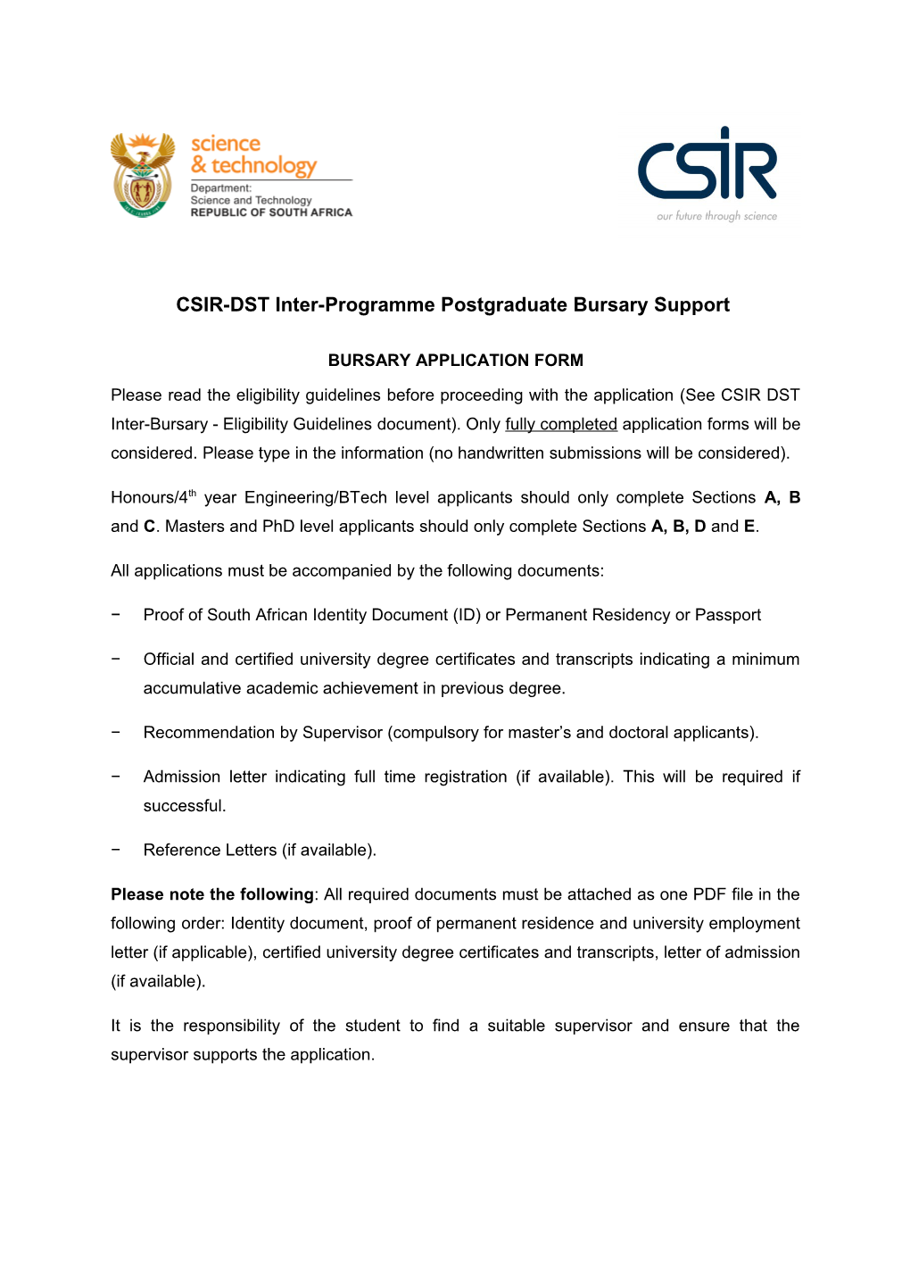 CSIR-DST Inter-Programme Postgraduate Bursary Support
