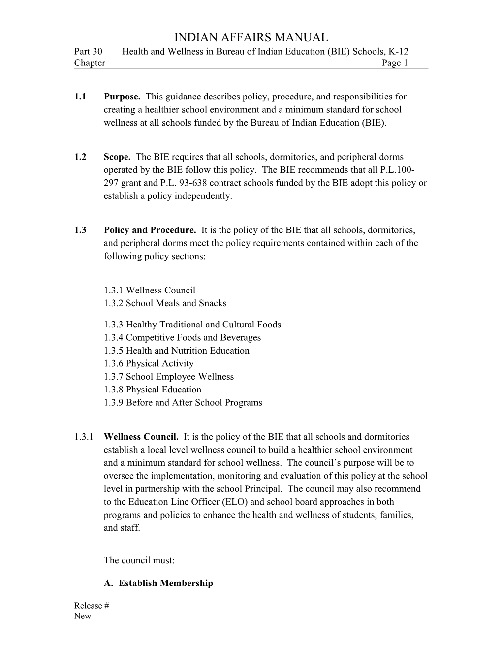 Part 30 Health and Wellness in Bureau of Indian Education (BIE) Schools, K-12