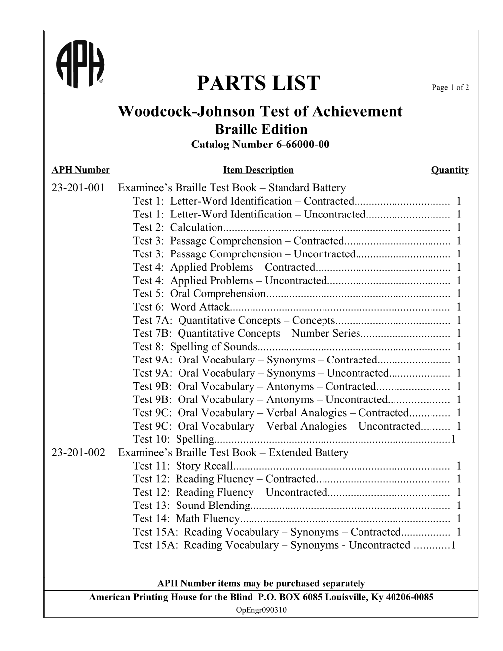 PARTS LIST Page 1 of 2