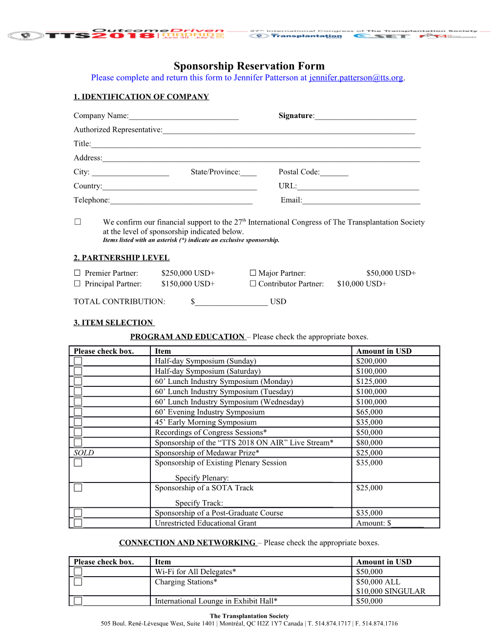 Sponsorship Reservation Form