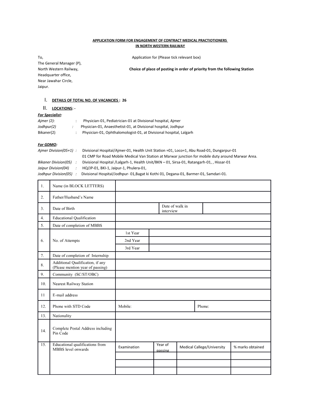 Application Form for Engagement of Contract Medical Practiotioners