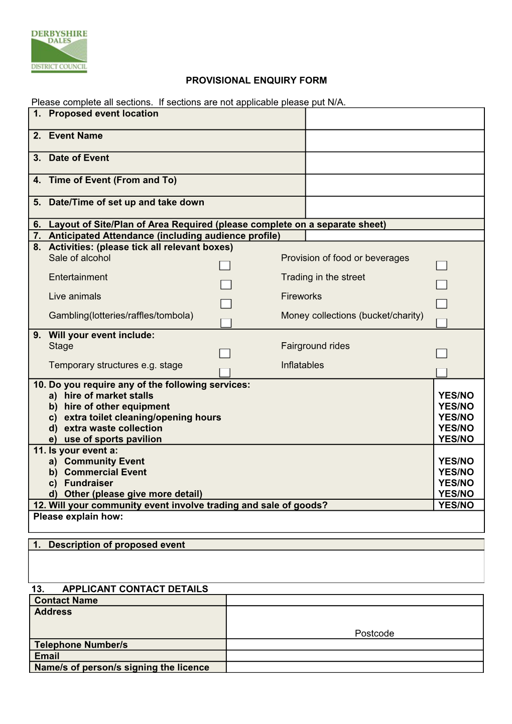 Provisional Enquiry Form