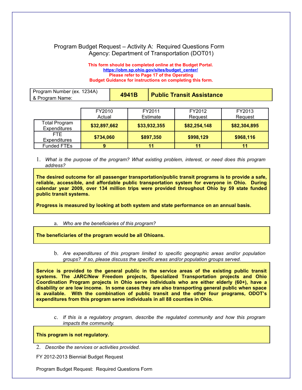 Program Budget Request Activity A: Required Questions Form