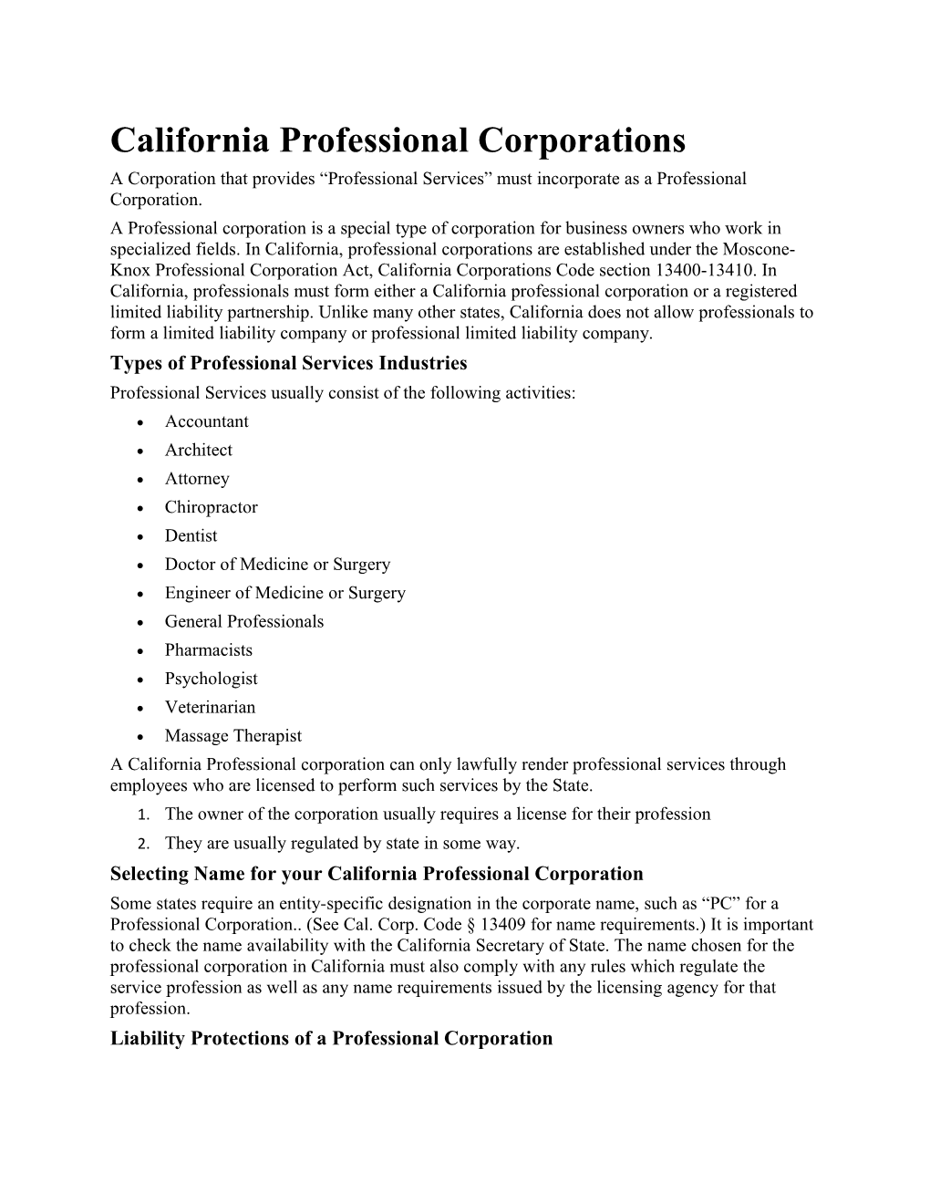 California Professional Corporations
