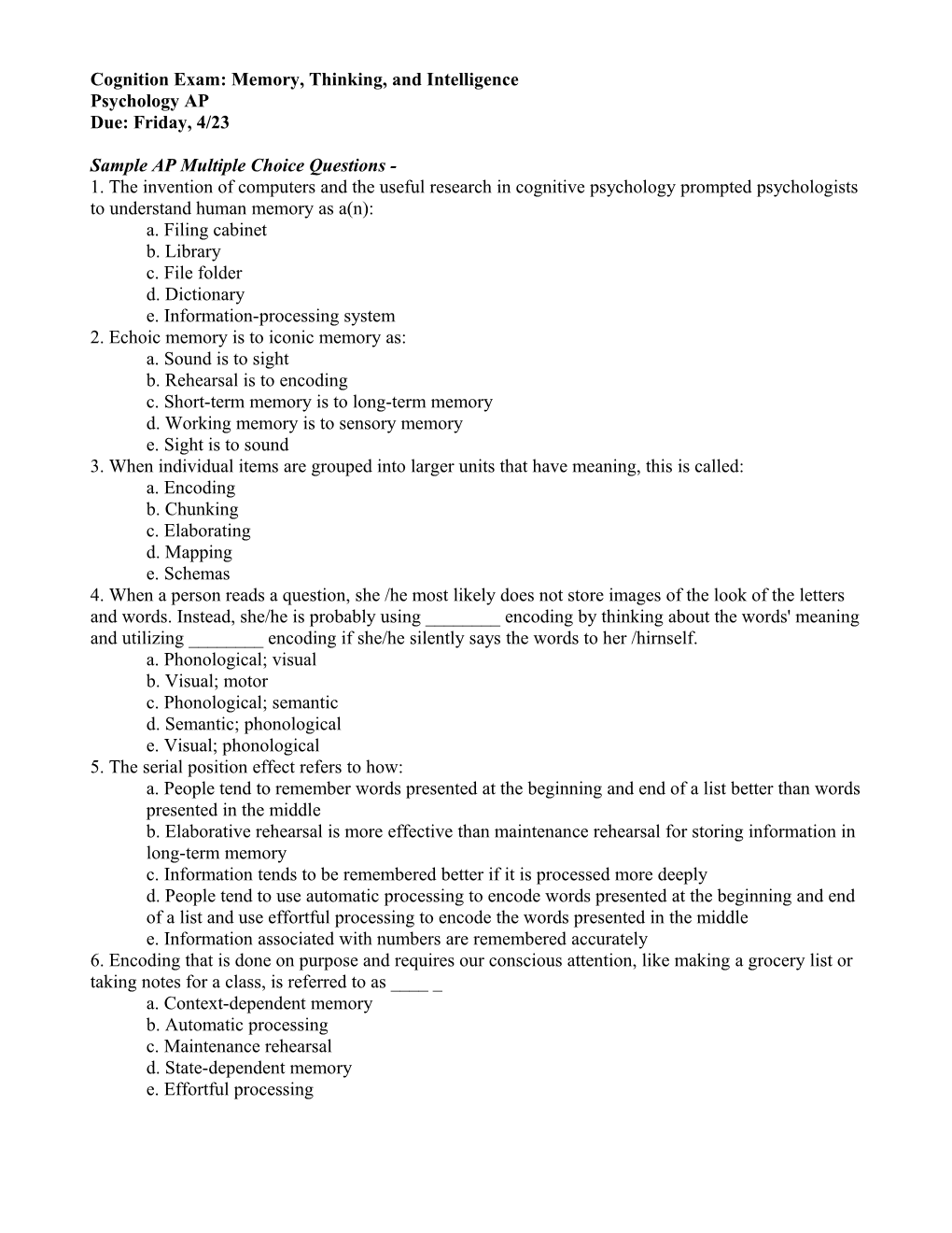 Cognition Exam: Memory, Thinking, and Intelligence