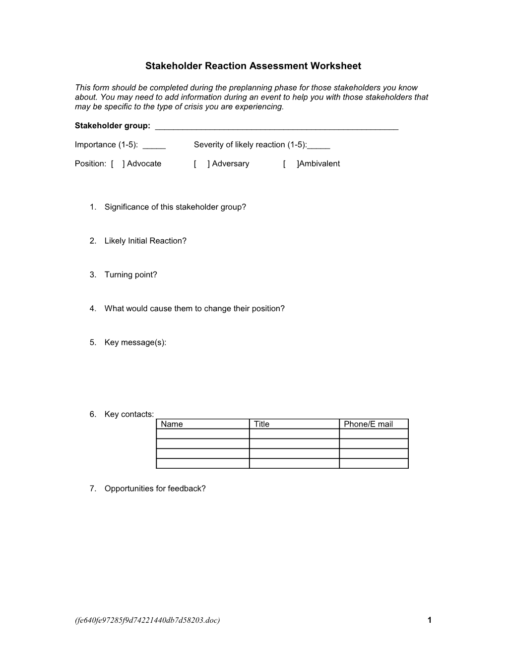 Stakeholder Reaction Assessment Worksheet