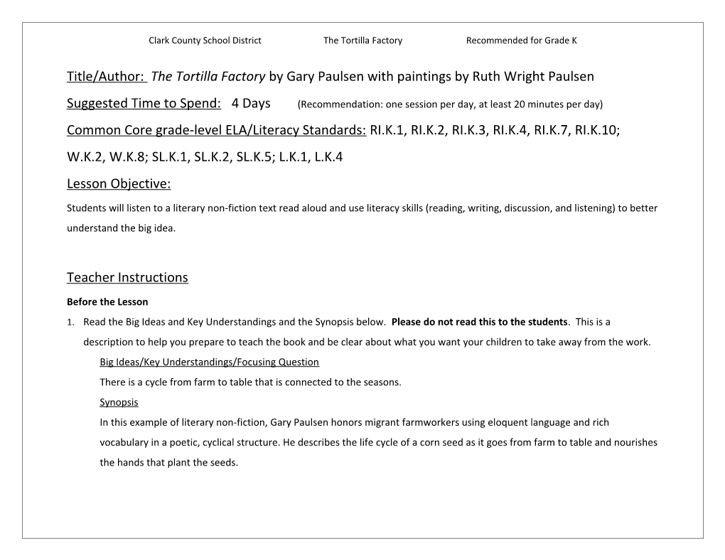 Clark County School Districtthe Tortilla Factoryrecommended for Grade K