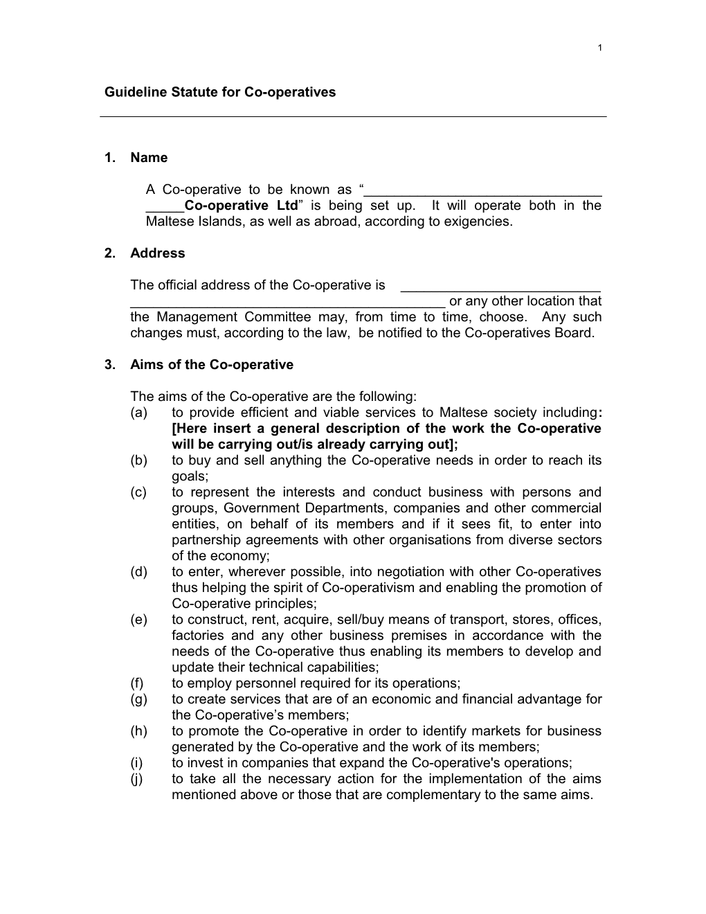 Guideline Statute for Co-Operatives