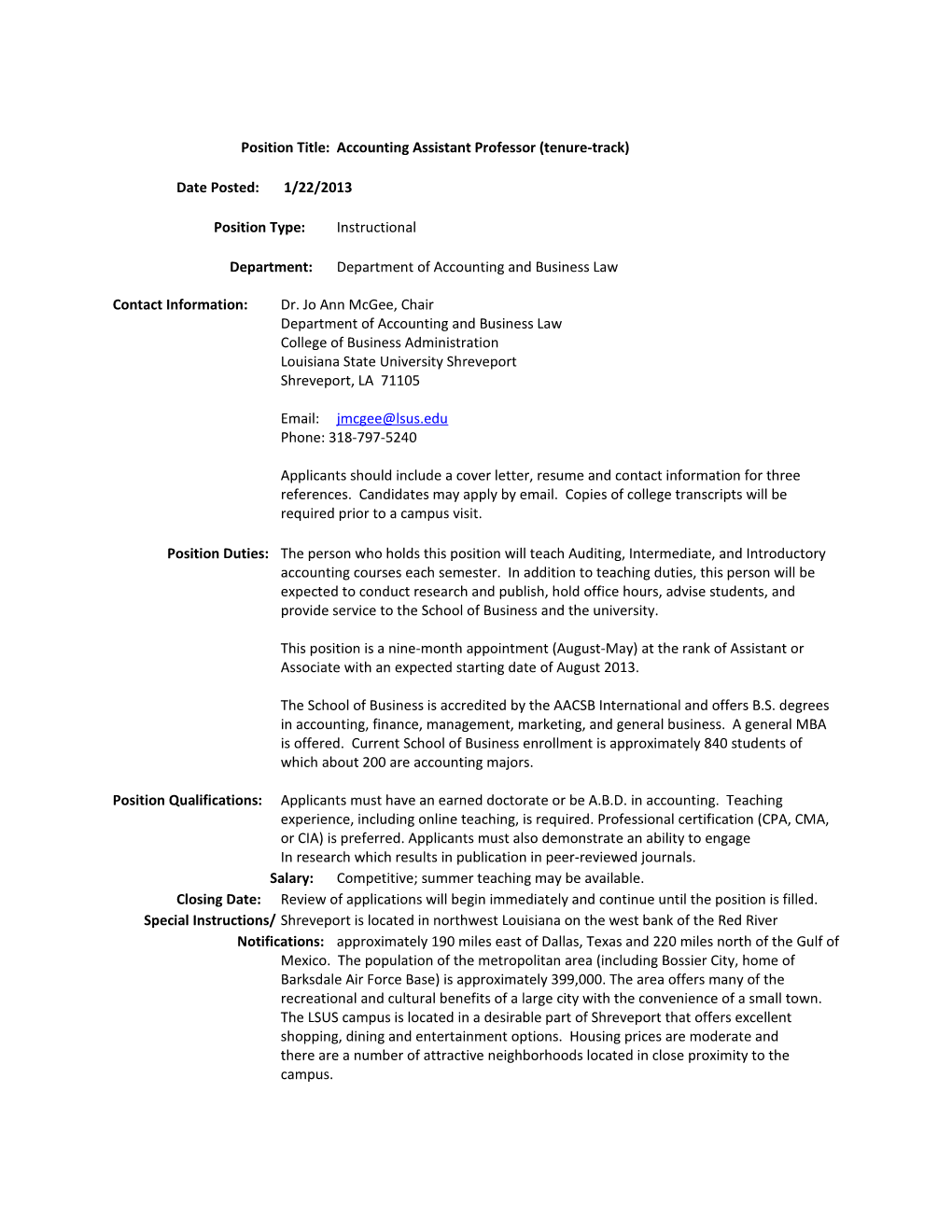 Position Title: Accounting Assistant Professor (Tenure-Track)