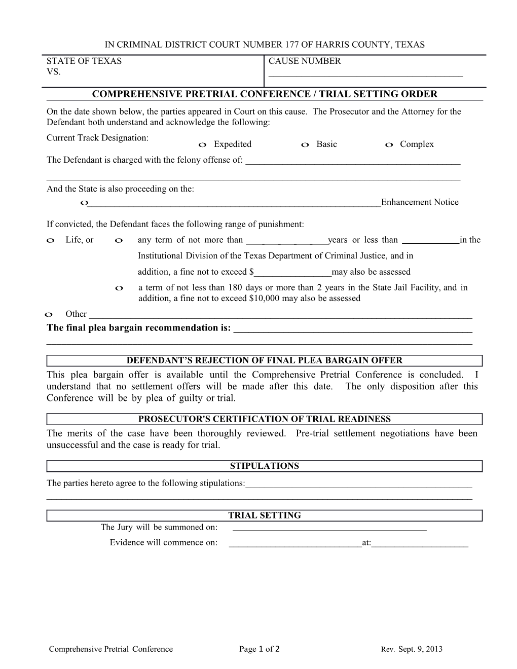 Comprehensive Pretrial Conference / Trial Setting Order