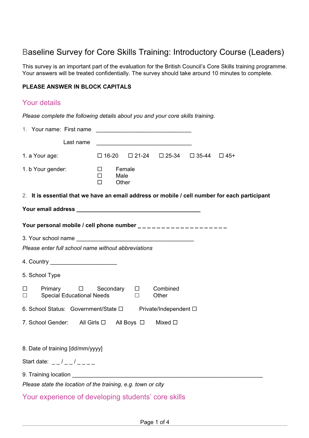 Baseline Survey for Core Skills Training: Introductory Course (Leaders)