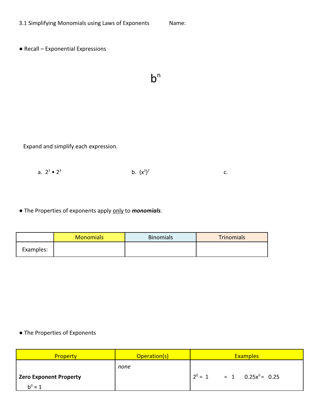 3.1 Simplifying Monomials Using Laws of Exponentsname