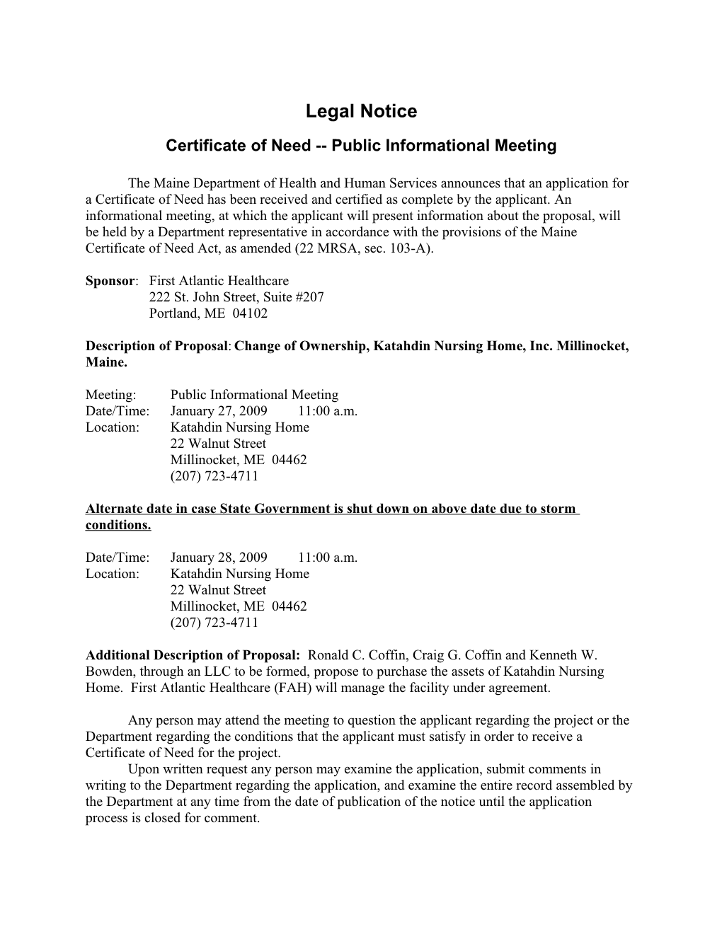 Certificate of Need Public Informational Meeting