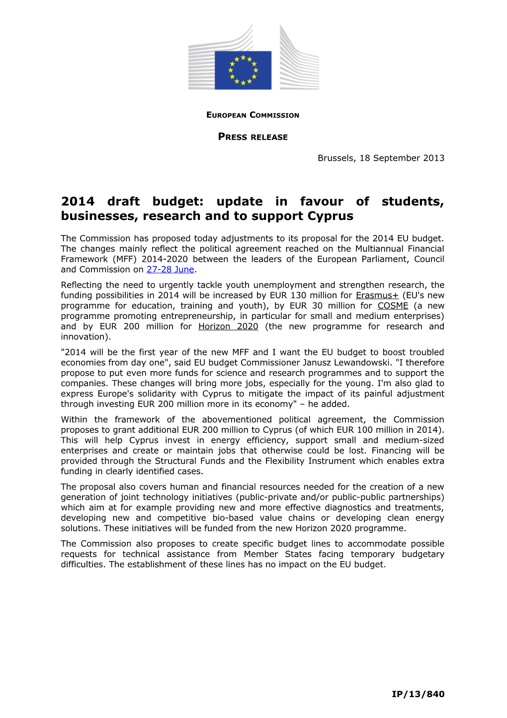 2014 Draft Budget: Update in Favour of Students, Businesses, Research and to Support Cyprus