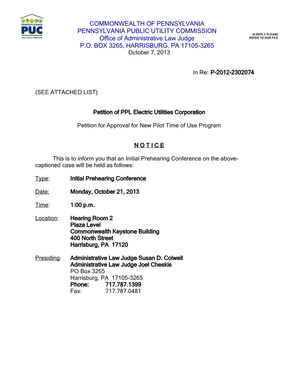 Harrisburg Prehearing Conference Notice