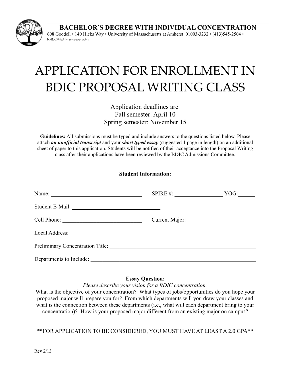 Application for Enrollment in Bdic Proposal Writing Class