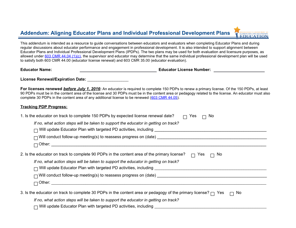 Educator Plan Addendum for Licenses Renewed Before 7/1/16