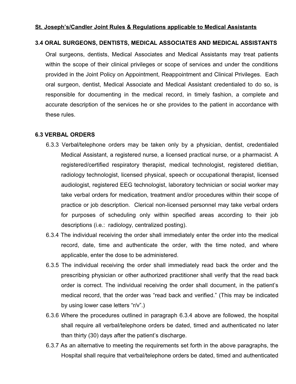 St. Joseph S/Candler Joint Rules & Regulations Applicable to Medical Assistants