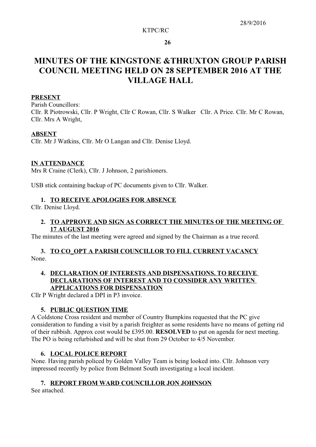 Minutes of the Kingstone &Thruxton Group Parish Council Meeting Held on 21 August 2013 s1