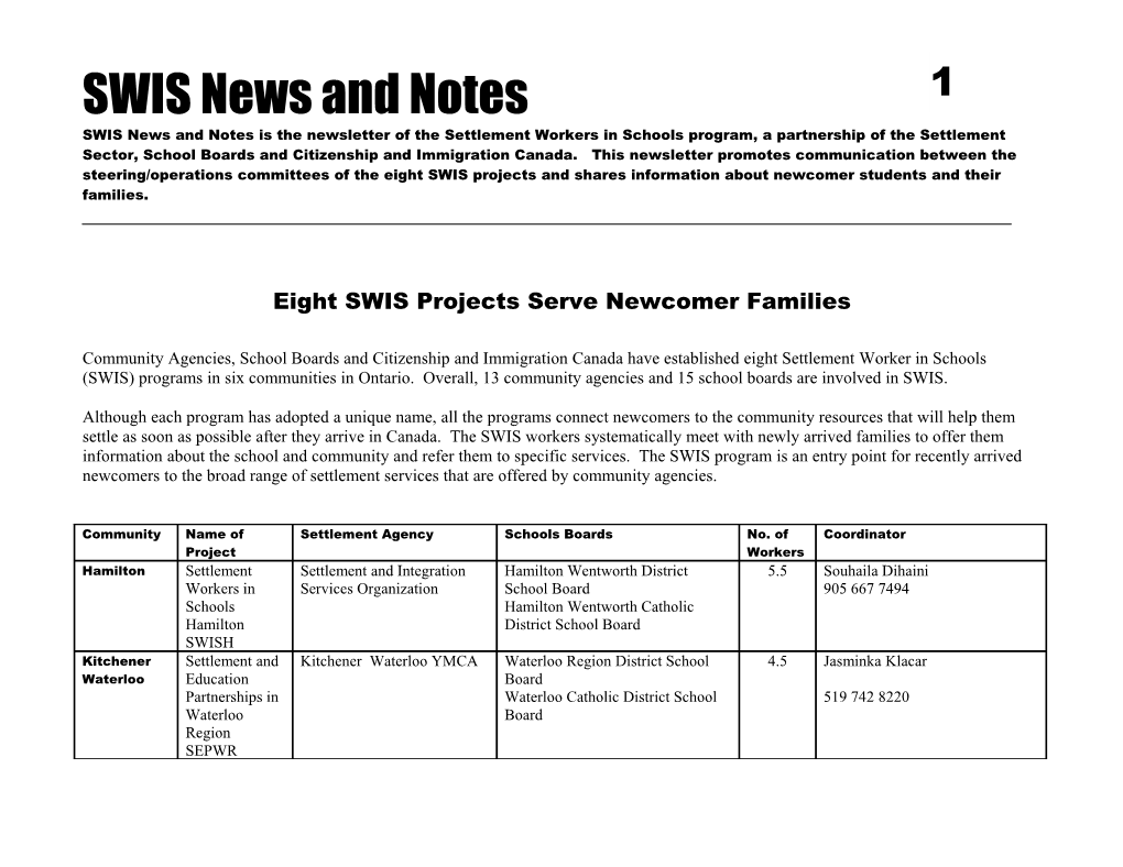 SWIS News and Notes