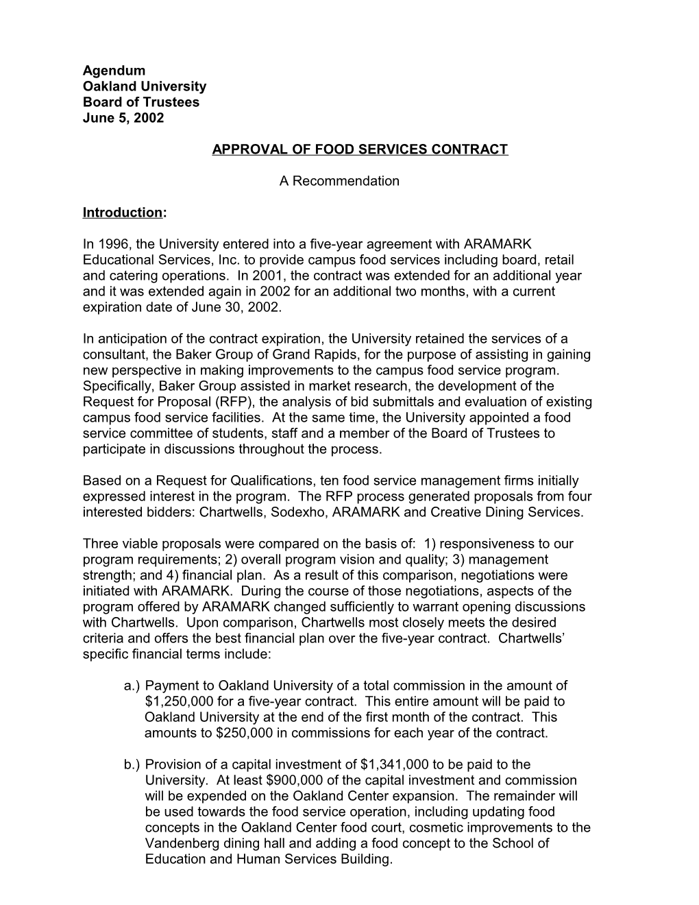 Approval of Food Services Contract