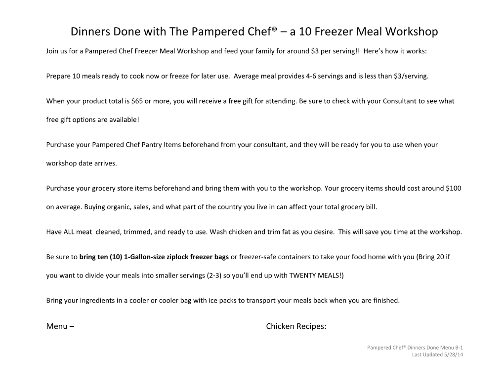 Dinners Done with the Pampered Chef a 10 Freezer Meal Workshop