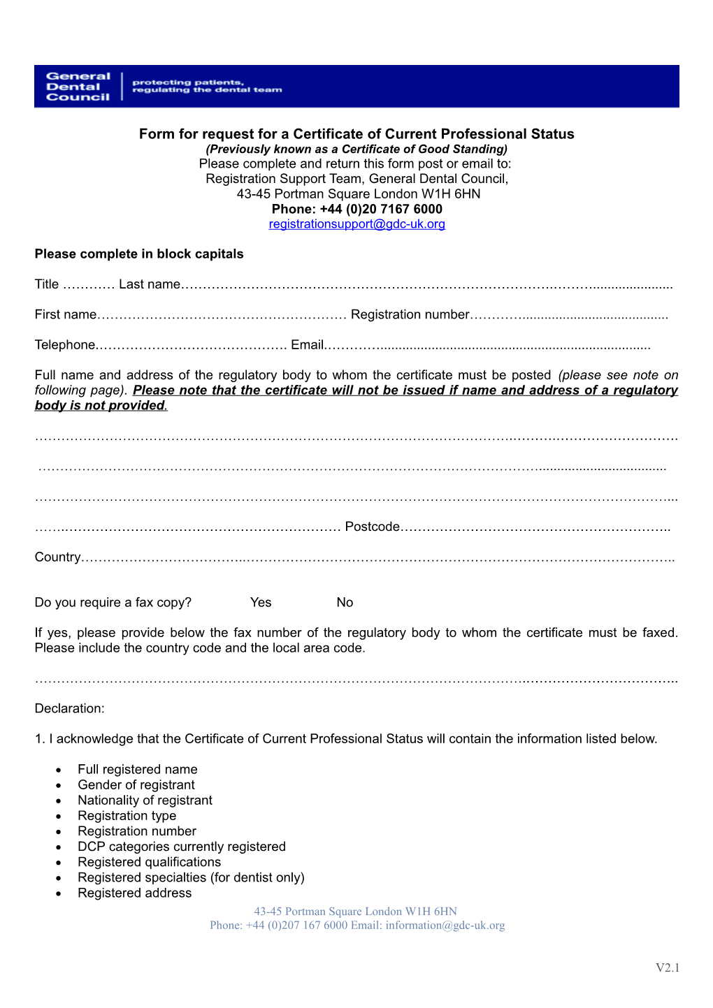 Form for Request for a Certificate of Current Professional Status