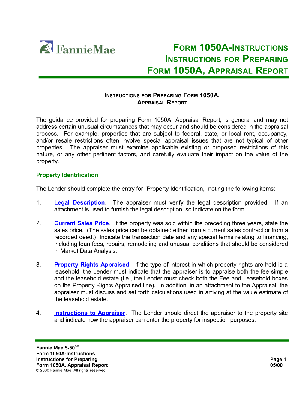 Instructions for Preparing Form 1050A, Appraisal Report