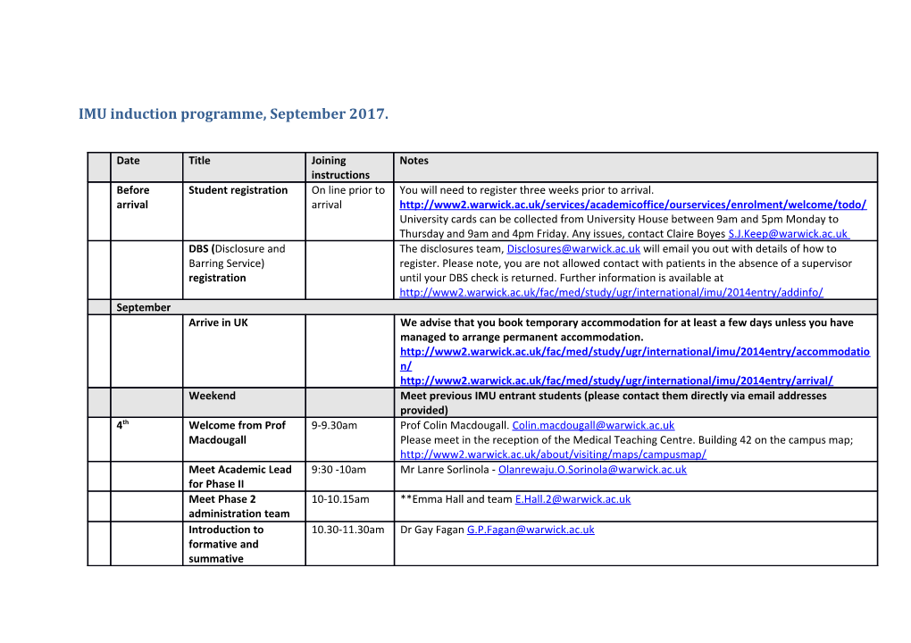 IMU Induction Programme, September 2017