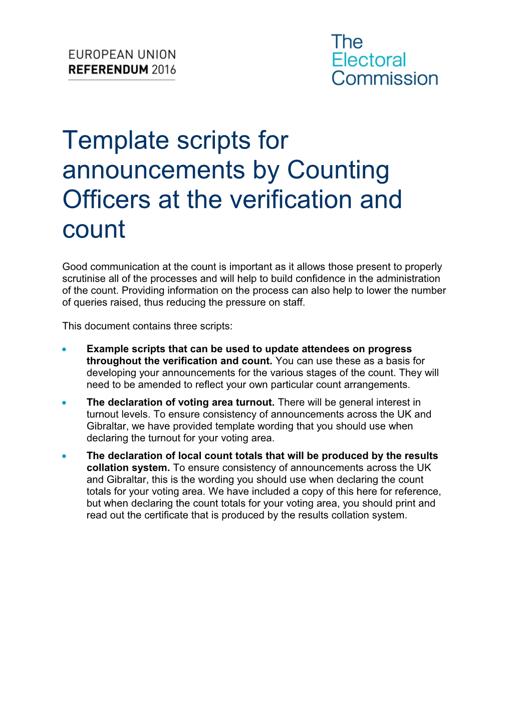 Template Scripts Forannouncementsby Counting Officers at the Verification and Count