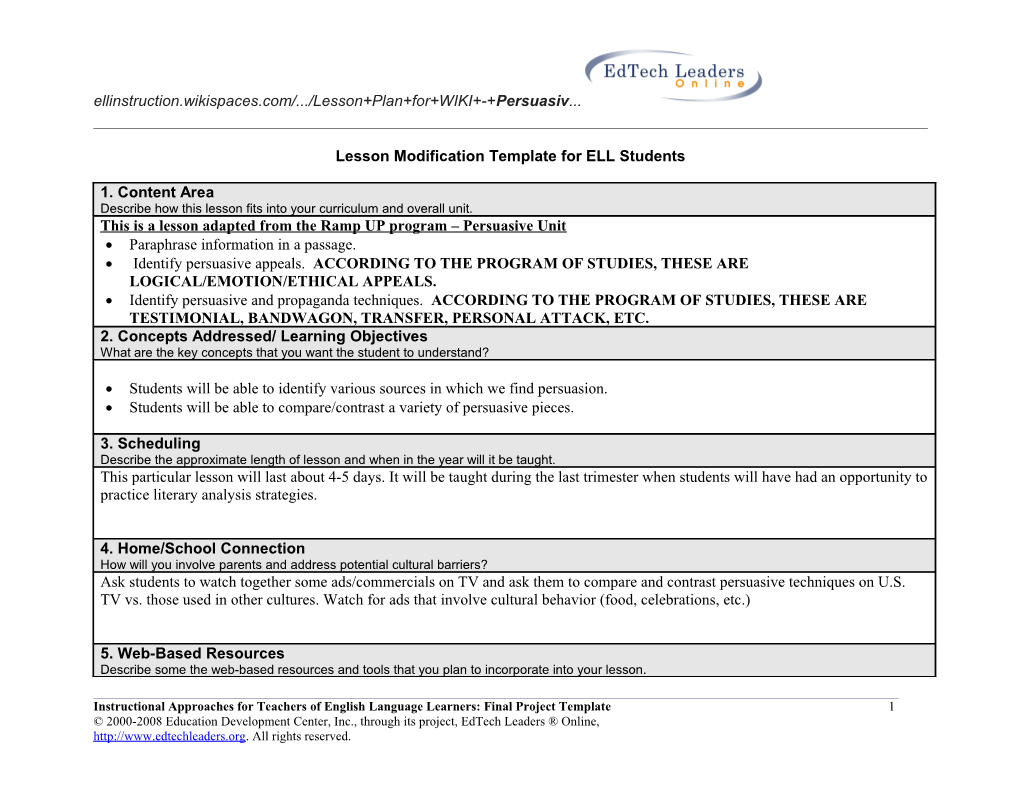 Lesson Modification Template for ESL Students