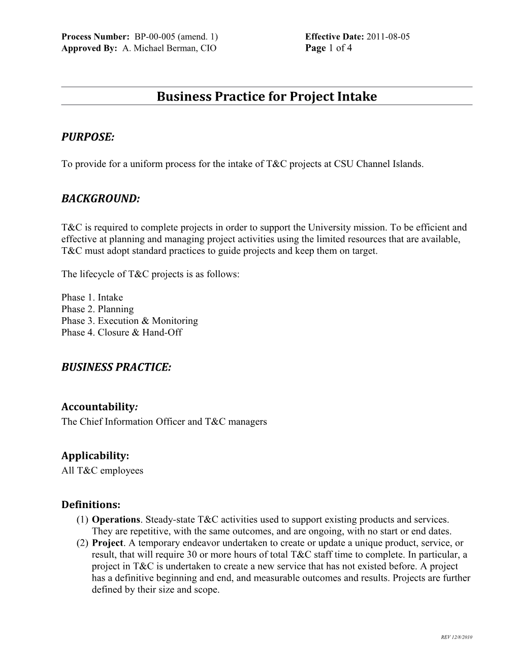 Business Practice On Project Intake (Amend.1) - T&C