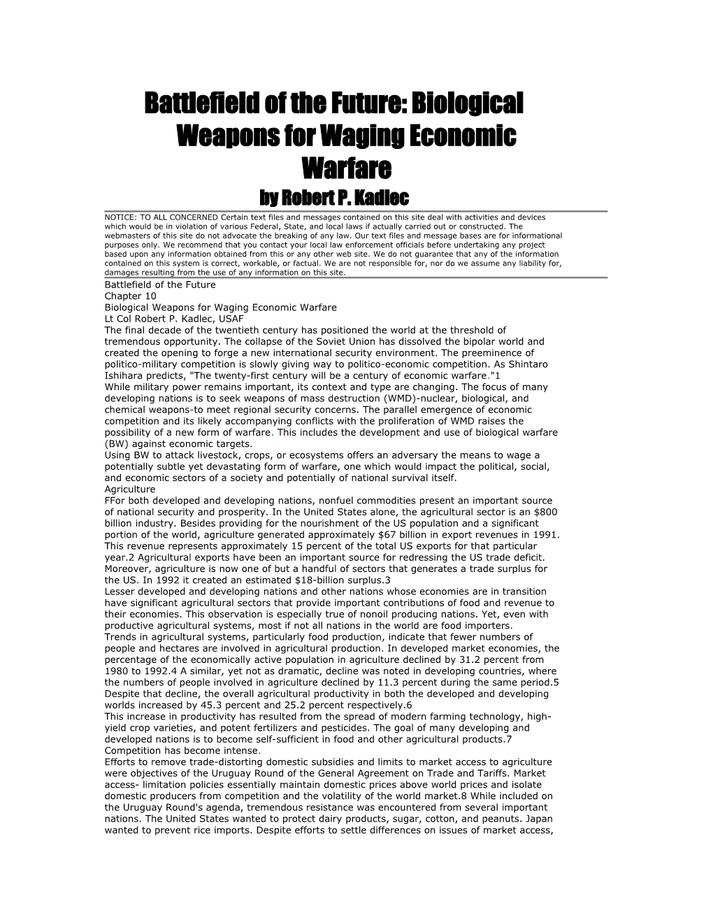 Battlefield of the Future: Biological Weapons for Waging Economic Warfare