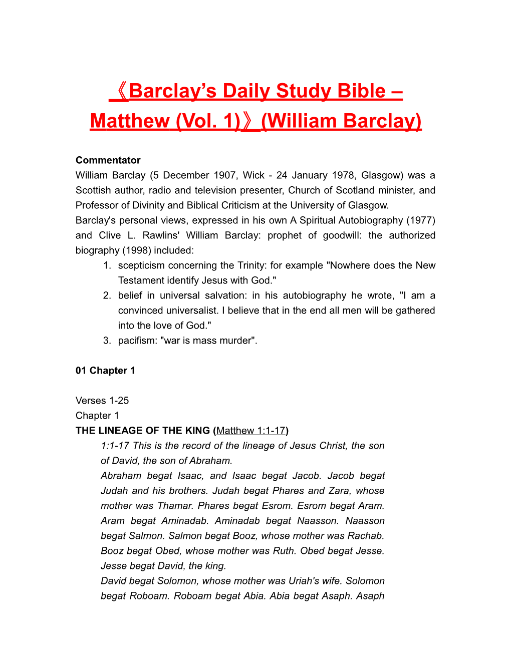 Barclay S Daily Study Bible Matthew (Vol. 1) (William Barclay)