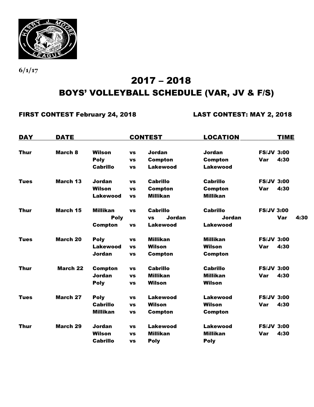 Boys Volleyball Schedule (Var, Jv & F/S)